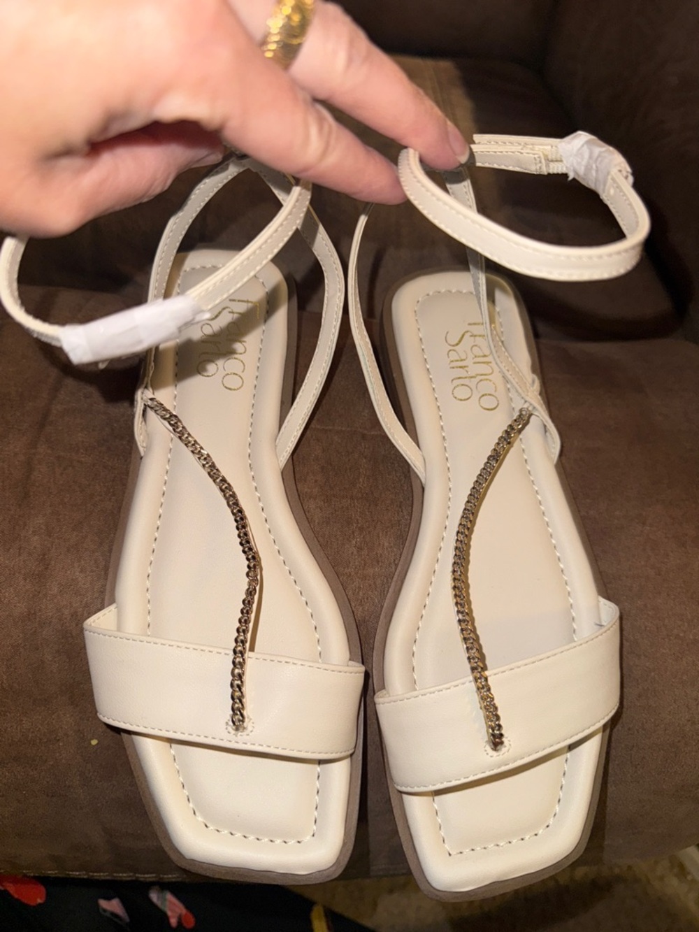 Franco Sarto Ivory Ankle-Strap Sandals with Gold Chain Trim New Size 6.5 - Picture 4 of 6